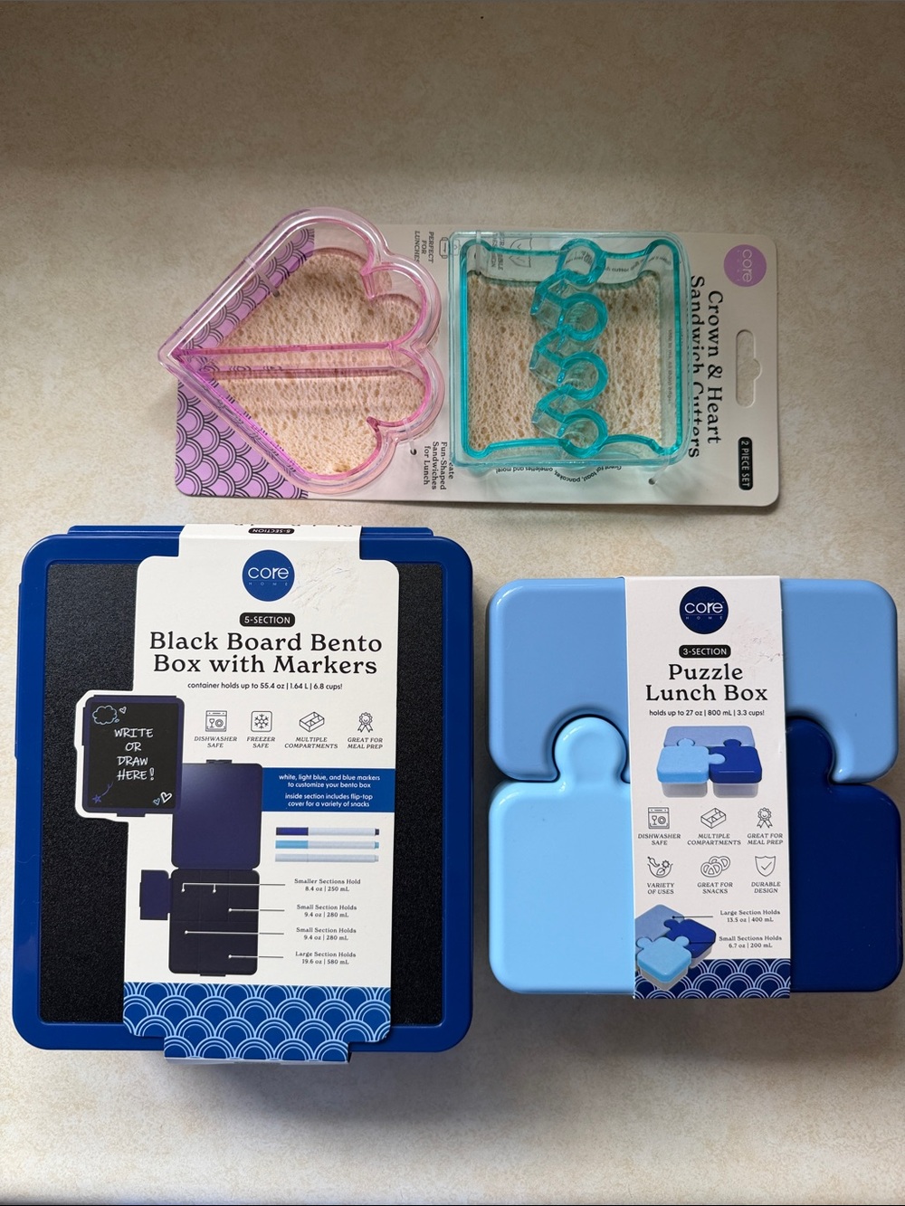 Blue Puzzle Lunch Box & Blue Black Board Bento Box Bundle With Sandwich Cutters!
